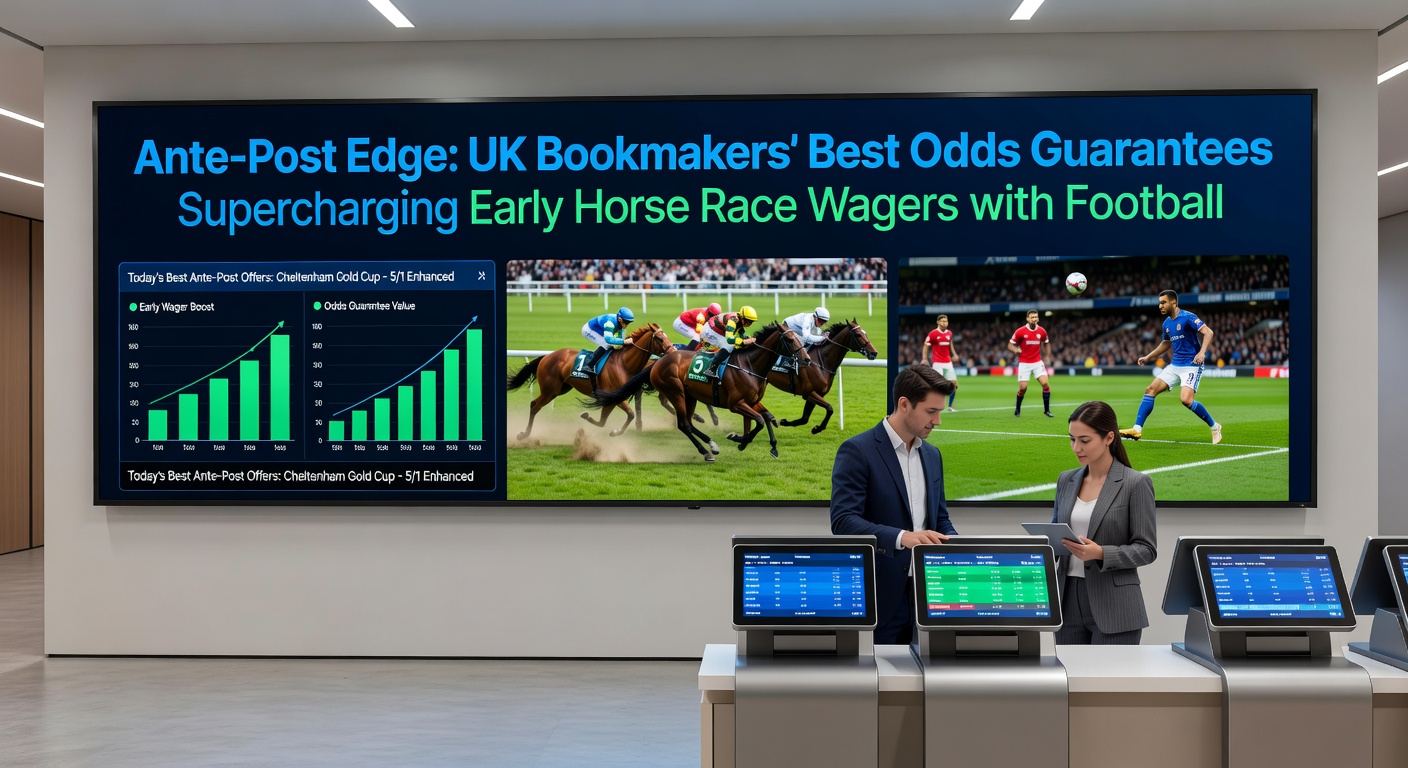 Screenshot of a UK bookmaker app displaying ante-post horse racing odds with BOG icon next to a football welcome offer banner
