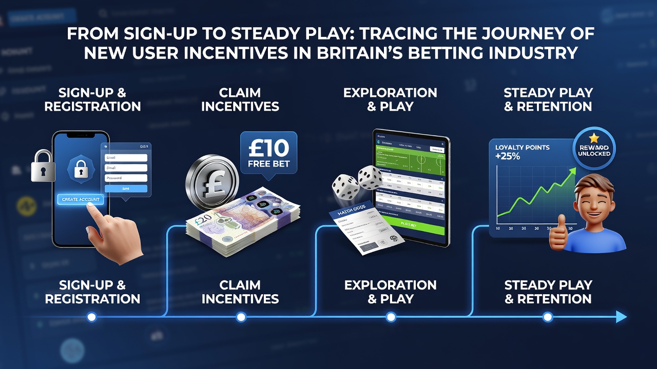 Visual representation of users progressing from initial bonuses to ongoing loyalty rewards in UK betting environments