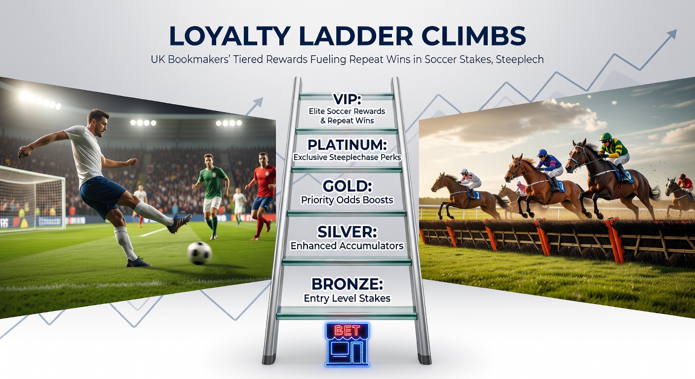 Punters climbing a stylized loyalty ladder, with icons of soccer balls, steeplechase horses, and slot reels at each tier, surrounded by UK bookmaker reward badges