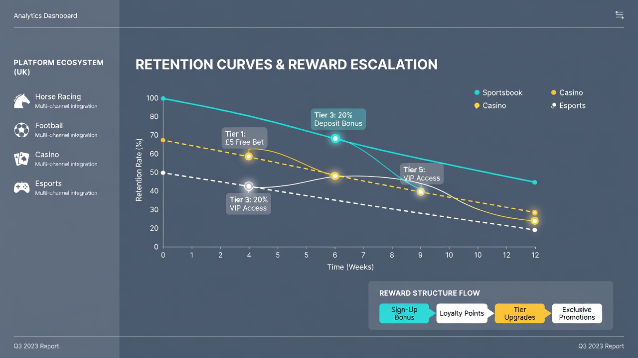 Line graph comparing retention curves across progressive reward tiers in football, racing and casino verticals during 2026 platform updates