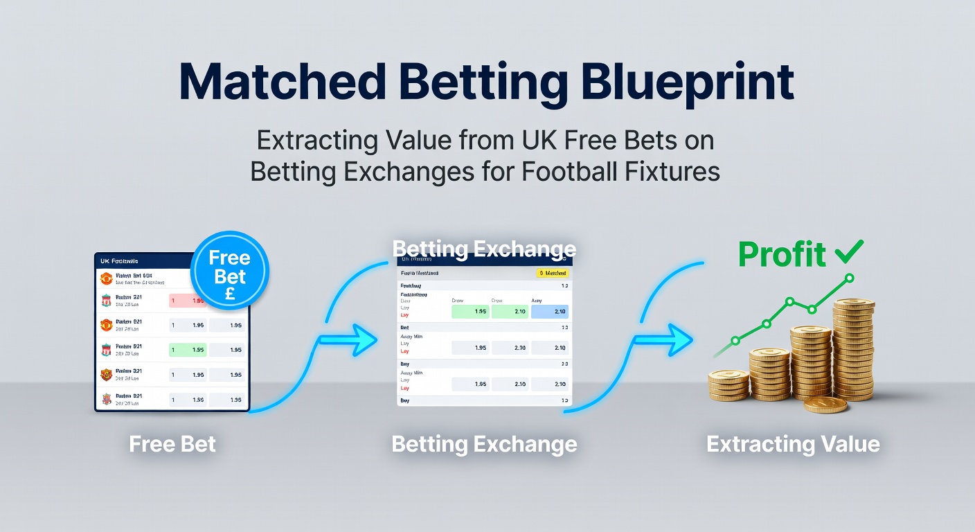 Infographic detailing step-by-step matched betting process with football and horse racing examples on UK exchanges