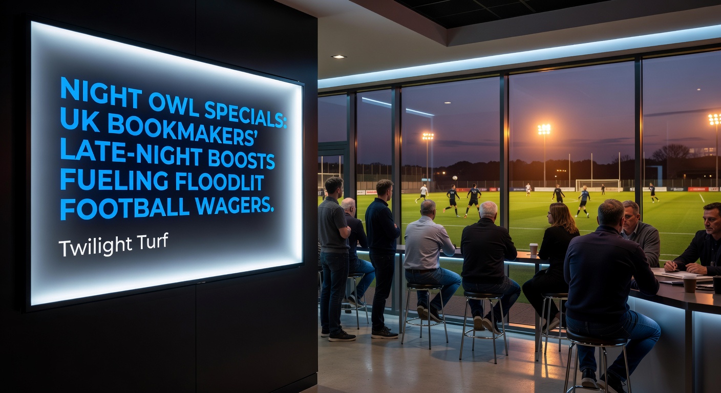 Twilight horse racing at an all-weather track, horses thundering past under evening lights with punters glued to screens in a bustling betting lounge