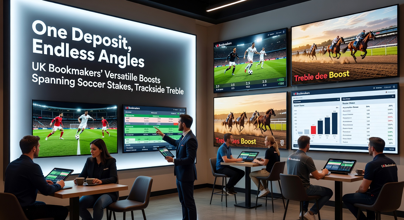 Horse racing trebles and soccer bets illustrated in a UK bookmaker's versatile promotion dashboard