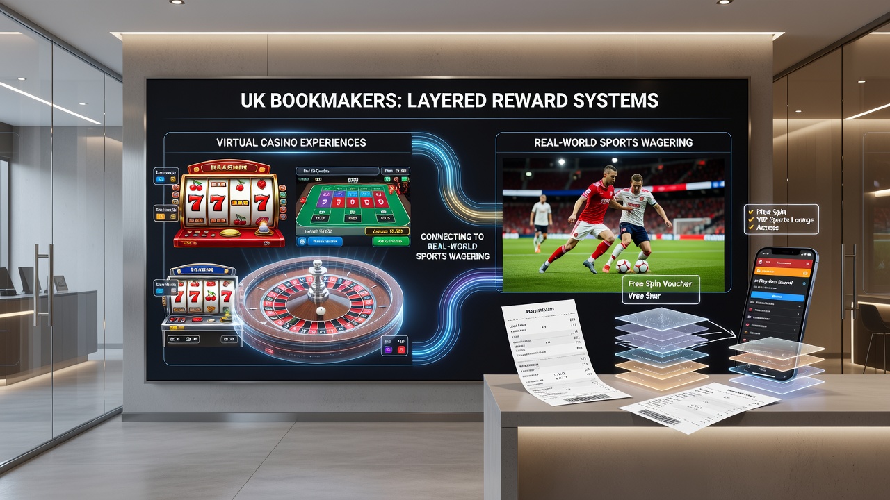 Infographic illustrating tier progression from casino points to sports betting bonuses across UK platforms