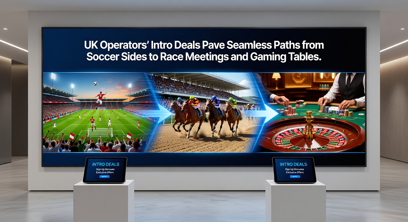 Collage of soccer stadium crowd, galloping racehorses at a UK track, and vibrant casino roulette wheel, symbolizing interconnected betting worlds