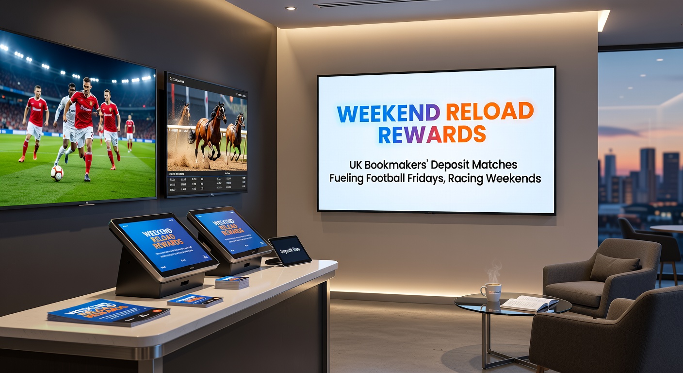 Dynamic collage of a football stadium crowd, galloping racehorses, and spinning roulette wheels, capturing the energy of weekend deposit match rewards across UK betting verticals